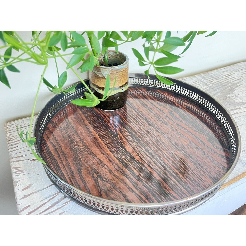 Vintage Sheffield Silver Co Formica Tray 10" Round Silver plate Tray Made in USA